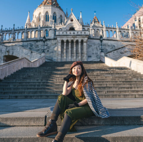 Solo portrait on the steps of Fisherman's Bastion in Budapest